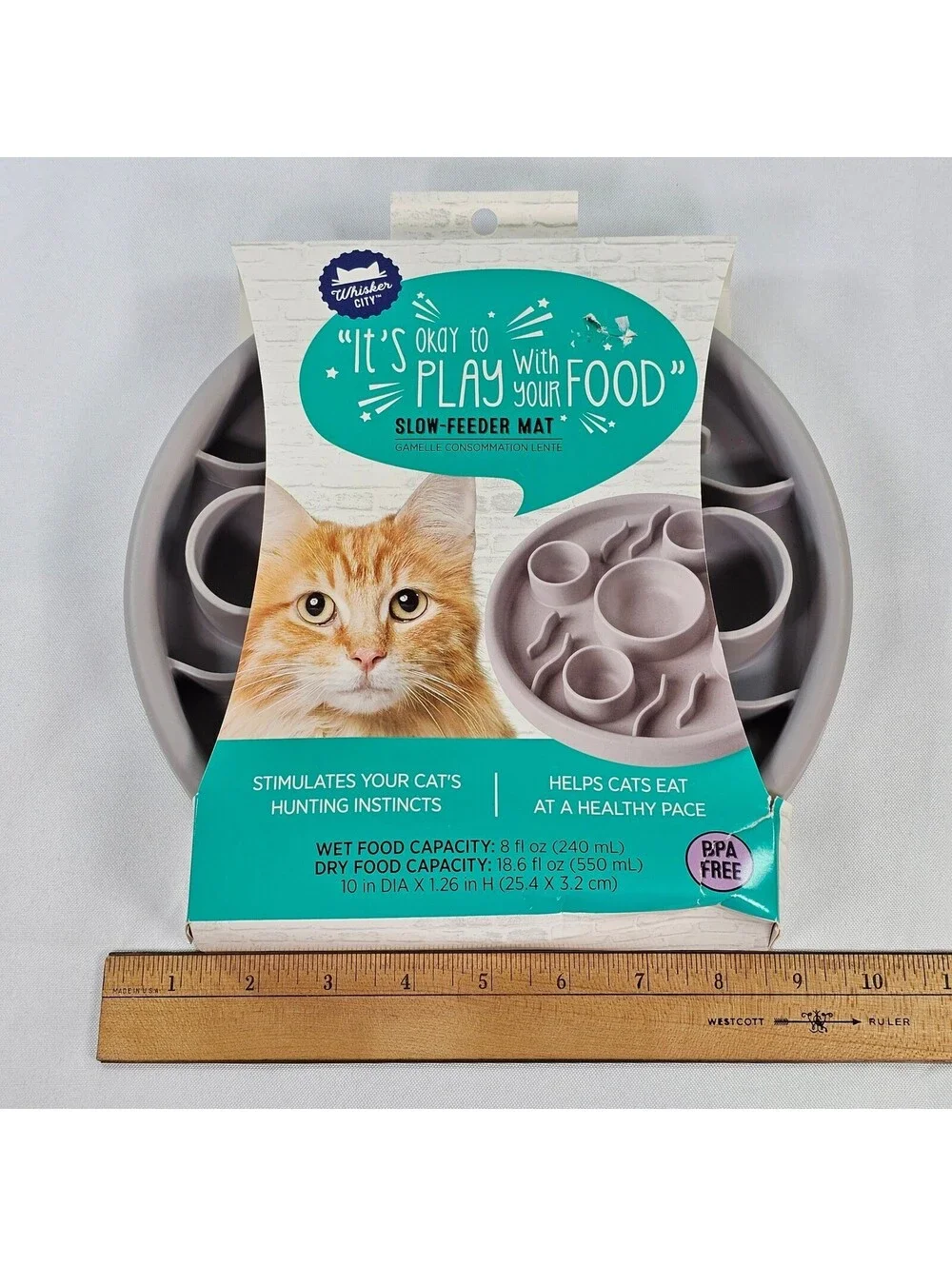Whisker City Cat Slow Feeder Mat Grey Silicone Puzzle Bowl BPA Free 10 inch DIA